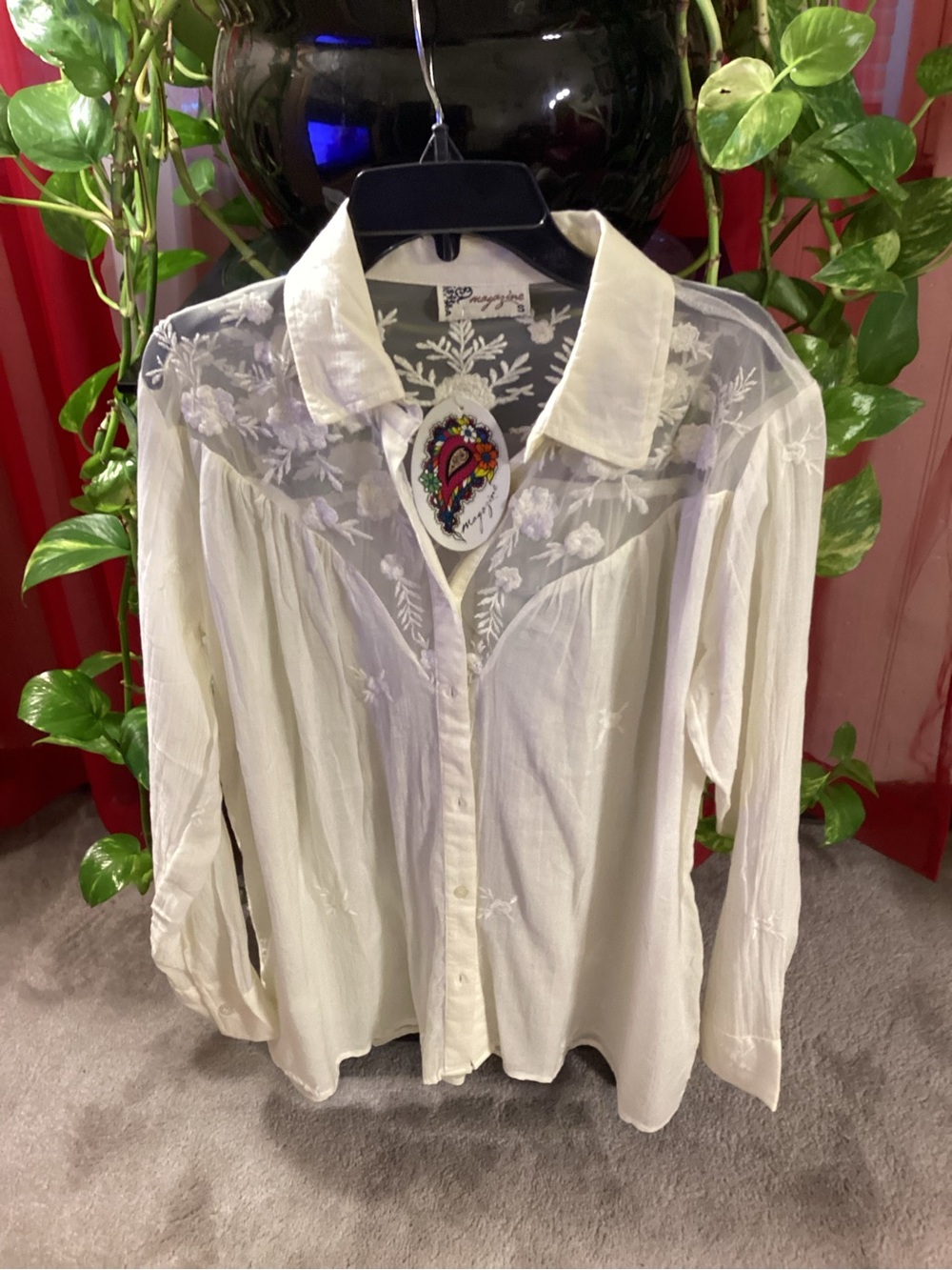 Women's White Embroidered Sheer Yoke Button-Up Shirt